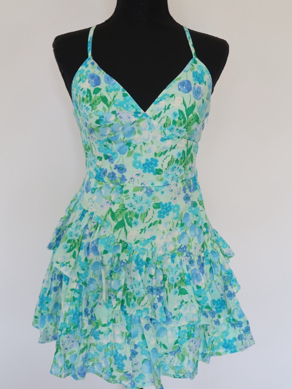Floral Tiered Spaghetti-Strap Mini Dress in Aqua Floral